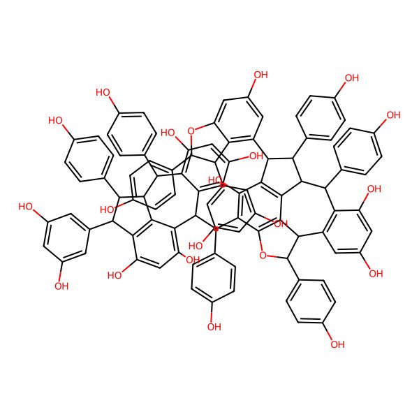 2D Structure of 12-(3,5-Dihydroxyphenyl)-2-[[3-[3-(3,5-dihydroxyphenyl)-6-hydroxy-2-(4-hydroxyphenyl)-2,3-dihydro-1-benzofuran-4-yl]-5,13,15-trihydroxy-2,9,17-tris(4-hydroxyphenyl)-8-oxapentacyclo[8.7.2.04,18.07,19.011,16]nonadeca-4(18),5,7(19),11(16),12,14-hexaen-6-yl]-(4-hydroxyphenyl)methyl]-9,11-bis(4-hydroxyphenyl)tetracyclo[8.6.1.03,8.013,17]heptadeca-1(16),3(8),4,6,13(17),14-hexaene-5,7,14,16-tetrol