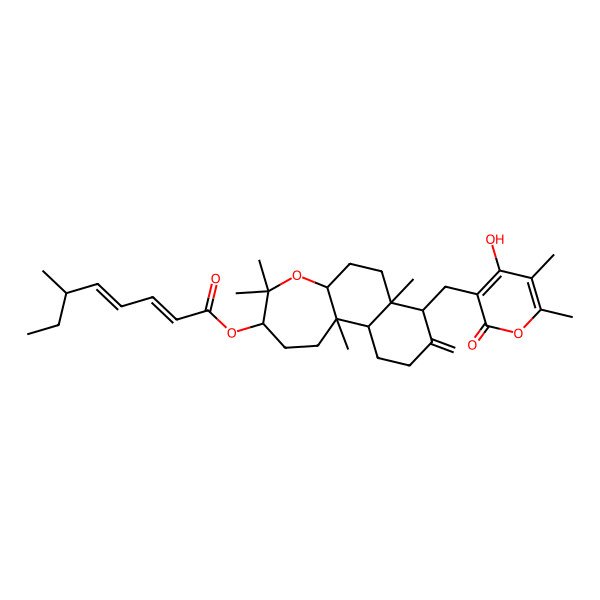 2D Structure of [8-[(4-Hydroxy-5,6-dimethyl-2-oxopyran-3-yl)methyl]-4,4,7a,11b-tetramethyl-9-methylidene-1,2,3,5a,6,7,8,10,11,11a-decahydronaphtho[2,1-b]oxepin-3-yl] 6-methylocta-2,4-dienoate