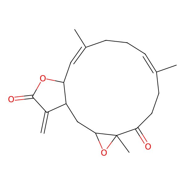 2D Structure of (1S,3R,5R,15S)-5,9,13-trimethyl-18-methylidene-4,16-dioxatricyclo[13.3.0.03,5]octadeca-9,13-diene-6,17-dione