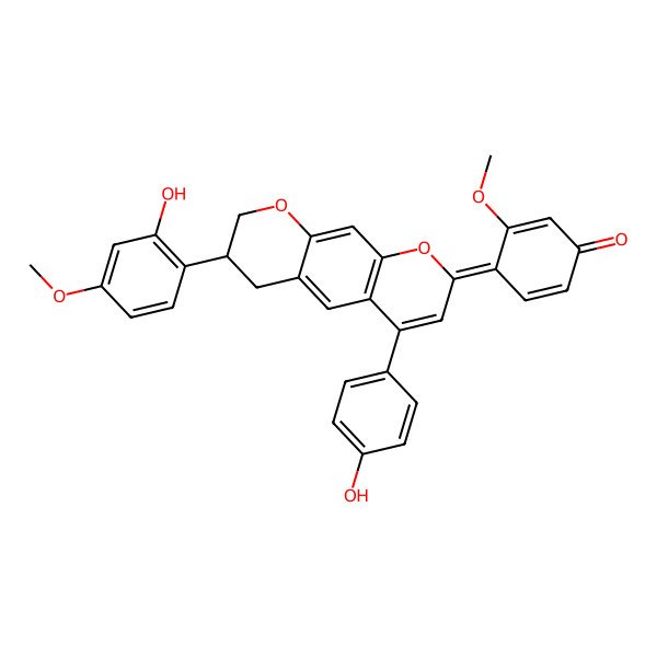 2D Structure of (4Z)-4-[(7R)-7-(2-hydroxy-4-methoxyphenyl)-4-(4-hydroxyphenyl)-7,8-dihydro-6H-pyrano[3,2-g]chromen-2-ylidene]-3-methoxycyclohexa-2,5-dien-1-one