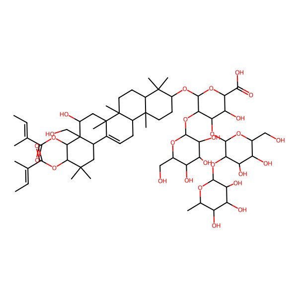 2D Structure of 4-[4,5-Dihydroxy-6-(hydroxymethyl)-3-(3,4,5-trihydroxy-6-methyloxan-2-yl)oxyoxan-2-yl]oxy-3-hydroxy-6-[[8-hydroxy-8a-(hydroxymethyl)-4,4,6a,6b,11,11,14b-heptamethyl-9,10-bis(2-methylbut-2-enoyloxy)-1,2,3,4a,5,6,7,8,9,10,12,12a,14,14a-tetradecahydropicen-3-yl]oxy]-5-[3,4,5-trihydroxy-6-(hydroxymethyl)oxan-2-yl]oxyoxane-2-carboxylic acid