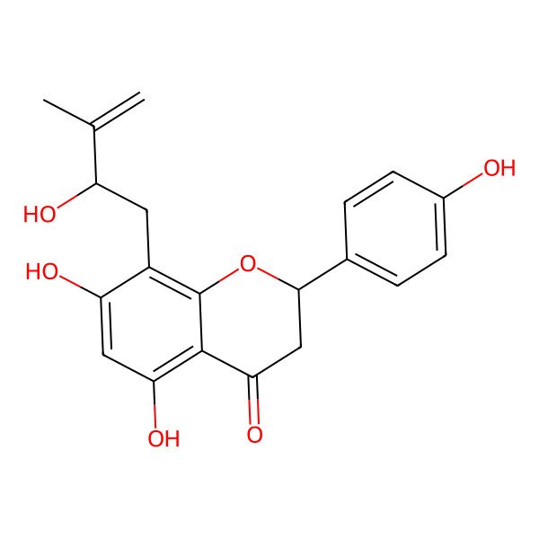 2D Structure of (2S)-5,7-dihydroxy-8-[(2S)-2-hydroxy-3-methylbut-3-enyl]-2-(4-hydroxyphenyl)-2,3-dihydrochromen-4-one