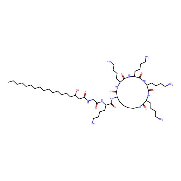 2D Structure of N-[2-[[6-amino-1-oxo-1-[[3,6,9,12-tetrakis(4-aminobutyl)-2,5,8,11,14-pentaoxo-1,4,7,10,13-pentazacyclononadec-15-yl]amino]hexan-2-yl]amino]-2-oxoethyl]-3-hydroxyoctadecanamide