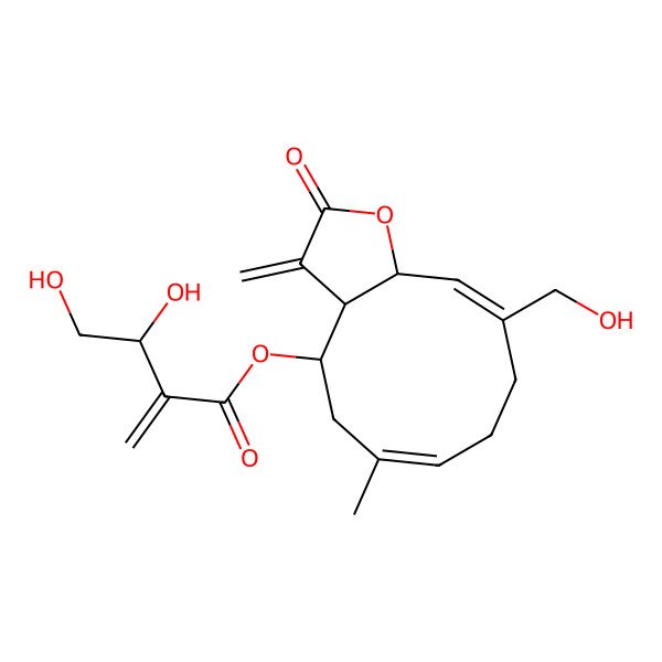 2D Structure of [(3aR,4S,6E,10E,11aR)-10-(hydroxymethyl)-6-methyl-3-methylidene-2-oxo-3a,4,5,8,9,11a-hexahydrocyclodeca[b]furan-4-yl] (3R)-3,4-dihydroxy-2-methylidenebutanoate