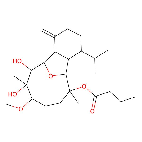 2D Structure of [(1R,2S,6S,7S,8S,9S,12R,13R,14R)-13,14-dihydroxy-12-methoxy-9,13-dimethyl-3-methylidene-6-propan-2-yl-15-oxatricyclo[6.6.1.02,7]pentadecan-9-yl] butanoate