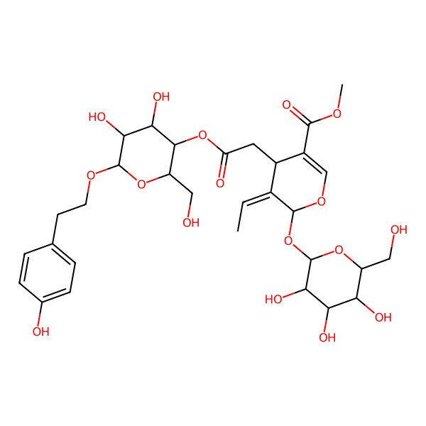 2D Structure of methyl (4S,5E,6S)-4-[2-[(2R,3S,4S,5S,6R)-4,5-dihydroxy-2-(hydroxymethyl)-6-[2-(4-hydroxyphenyl)ethoxy]oxan-3-yl]oxy-2-oxoethyl]-5-ethylidene-6-[(2S,3S,4S,5S,6R)-3,4,5-trihydroxy-6-(hydroxymethyl)oxan-2-yl]oxy-4H-pyran-3-carboxylate