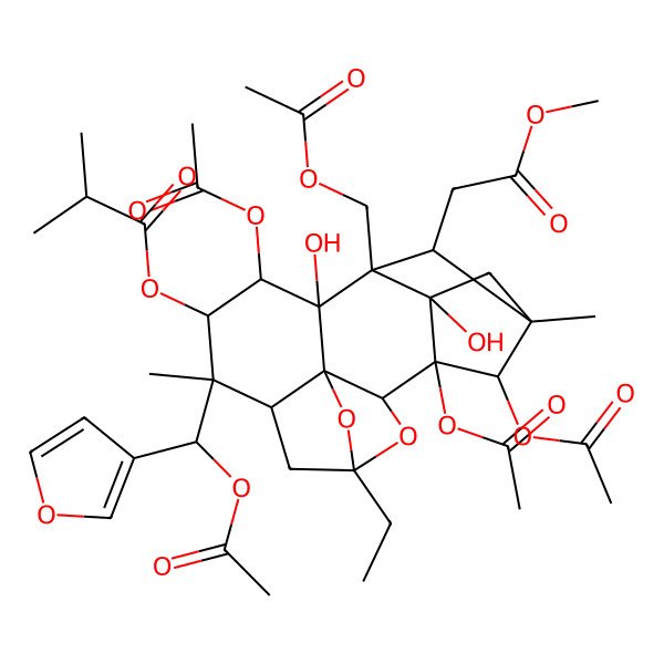 2D Structure of [1,10,17-Triacetyloxy-8-[acetyloxy(furan-3-yl)methyl]-12-(acetyloxymethyl)-5-ethyl-11,16-dihydroxy-13-(2-methoxy-2-oxoethyl)-8,14-dimethyl-4,18-dioxahexacyclo[12.2.1.12,5.03,7.03,11.012,16]octadecan-9-yl] 2-methylpropanoate