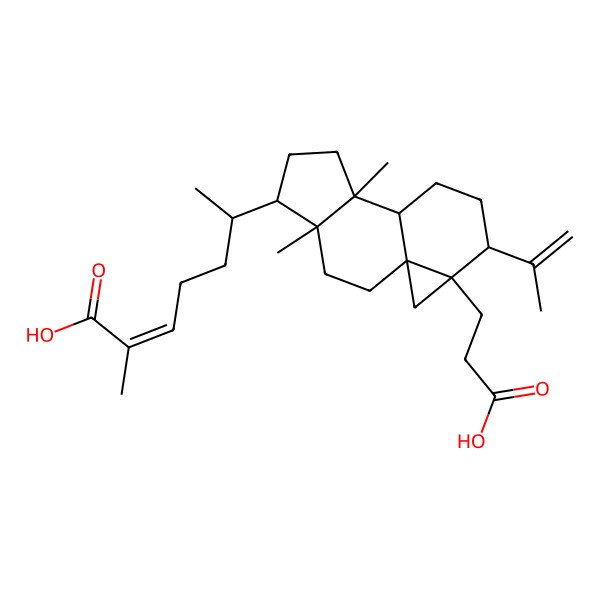 2D Structure of (Z,6R)-6-[(1S,4R,5R,8S,9R,12S,13R)-13-(2-carboxyethyl)-4,8-dimethyl-12-prop-1-en-2-yl-5-tetracyclo[7.5.0.01,13.04,8]tetradecanyl]-2-methylhept-2-enoic acid