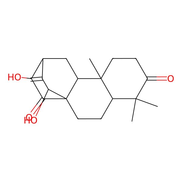2D Structure of (1R,4S,9R,10S,12S,13R,15S)-13,15-dihydroxy-5,5,9-trimethyl-16-methylidenetetracyclo[10.2.2.01,10.04,9]hexadecane-6,14-dione