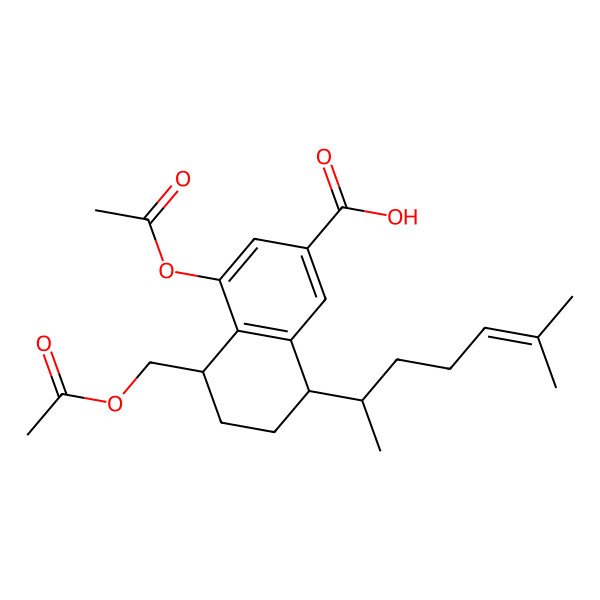 2D Structure of (5R,8S)-4-acetyloxy-5-(acetyloxymethyl)-8-[(2S)-6-methylhept-5-en-2-yl]-5,6,7,8-tetrahydronaphthalene-2-carboxylic acid