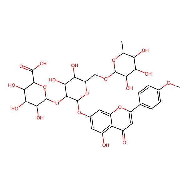 2D Structure of (2S,3S,4S,5R,6R)-6-[(2S,3R,4S,5S,6R)-4,5-dihydroxy-2-[5-hydroxy-2-(4-methoxyphenyl)-4-oxochromen-7-yl]oxy-6-[[(2R,3R,4R,5R,6S)-3,4,5-trihydroxy-6-methyloxan-2-yl]oxymethyl]oxan-3-yl]oxy-3,4,5-trihydroxyoxane-2-carboxylic acid