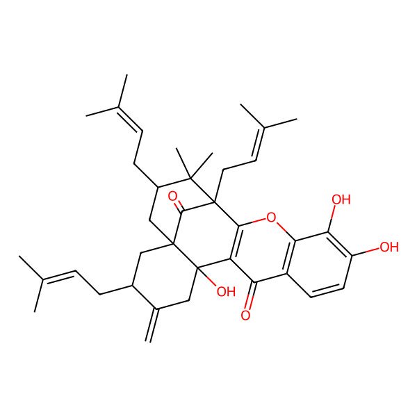 2D Structure of 6,12,13-Trihydroxy-18,18-dimethyl-3,17,19-tris(3-methylbut-2-enyl)-4-methylidene-15-oxapentacyclo[15.3.1.01,6.07,16.09,14]henicosa-7(16),9(14),10,12-tetraene-8,21-dione
