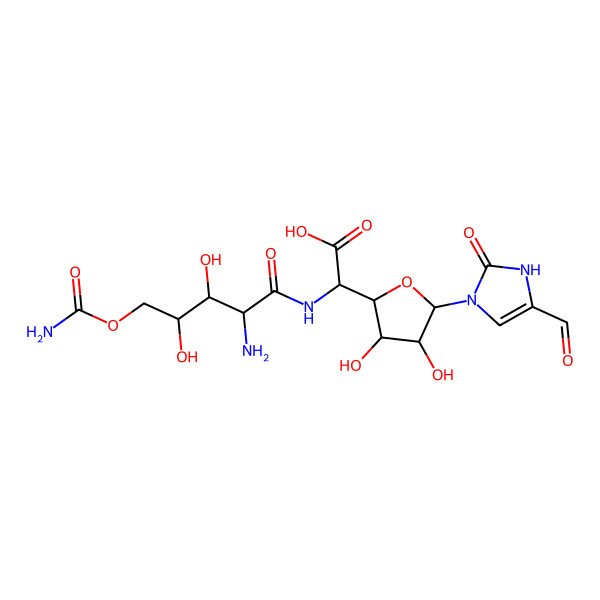 2D Structure of Allofuranuronic acid, 5-((2-amino-5-O-(aminocarbonyl)-2-deoxy-L-xylonamino)-1,5-dideoxy-1-(4-formyl-2,3-dihydro-2-oxo-1H-imidazol-1-yl)-, beta-D-