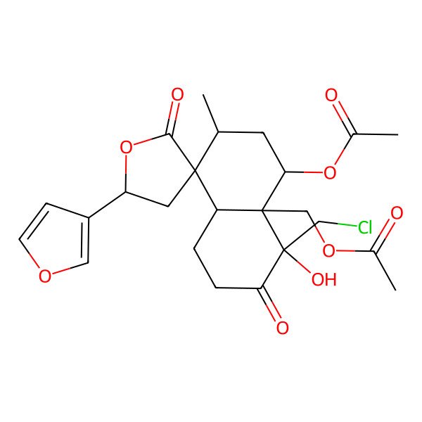 2D Structure of [(4S,4aR,5S,5'S,7R,8R,8aS)-5-acetyloxy-4-(chloromethyl)-5'-(furan-3-yl)-4-hydroxy-7-methyl-2',3-dioxospiro[1,2,5,6,7,8a-hexahydronaphthalene-8,3'-oxolane]-4a-yl]methyl acetate