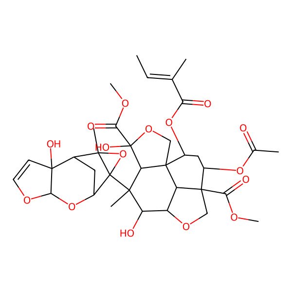 2D Structure of dimethyl (1S,4S,5R,6S,7S,8R,11S,12R,14S,15R)-12-acetyloxy-4,7-dihydroxy-6-[(1R,2S,6S,8R,9R,11S)-2-hydroxy-11-methyl-5,7,10-trioxatetracyclo[6.3.1.02,6.09,11]dodec-3-en-9-yl]-6-methyl-14-[(E)-2-methylbut-2-enoyl]oxy-3,9-dioxatetracyclo[6.6.1.01,5.011,15]pentadecane-4,11-dicarboxylate