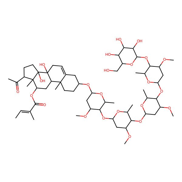 2D Structure of [(3S,8S,9R,10R,12R,13S,14R,17S)-17-acetyl-8,14-dihydroxy-3-[(2R,4S,5R,6R)-4-methoxy-5-[(2S,4S,5R,6R)-4-methoxy-5-[(2S,4R,5R,6R)-4-methoxy-5-[(2S,4S,5R,6R)-4-methoxy-6-methyl-5-[(2S,3R,4S,5S,6R)-3,4,5-trihydroxy-6-(hydroxymethyl)oxan-2-yl]oxyoxan-2-yl]oxy-6-methyloxan-2-yl]oxy-6-methyloxan-2-yl]oxy-6-methyloxan-2-yl]oxy-10,13-dimethyl-2,3,4,7,9,11,12,15,16,17-decahydro-1H-cyclopenta[a]phenanthren-12-yl] (E)-2-methylbut-2-enoate