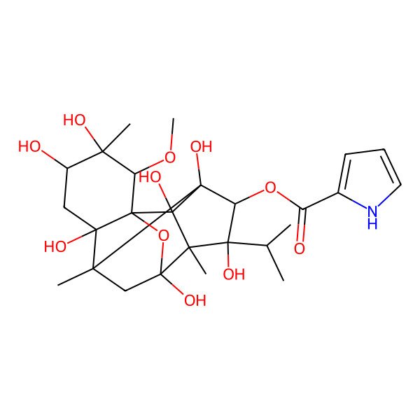 2D Structure of (3,4,6,9,11,13,14-heptahydroxy-2-methoxy-3,7,10-trimethyl-11-propan-2-yl-15-oxapentacyclo[7.5.1.01,6.07,13.010,14]pentadecan-12-yl) 1H-pyrrole-2-carboxylate