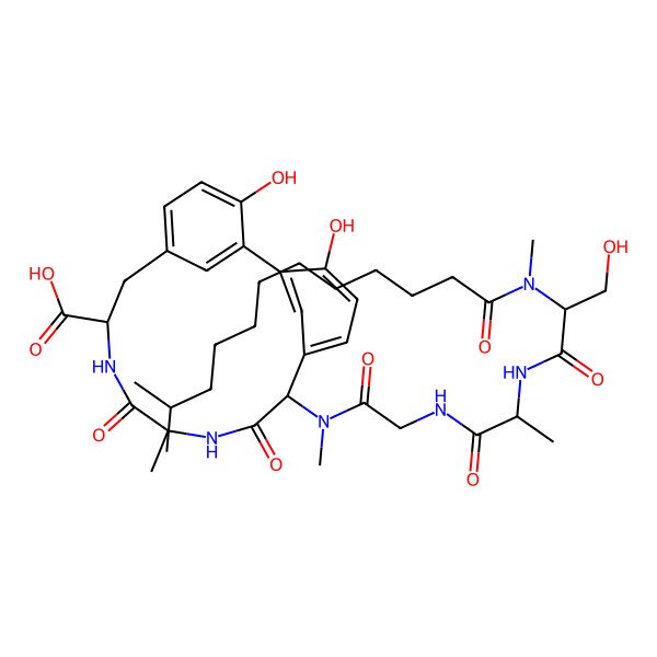 2D Structure of (8S,11S,14R)-3,18-dihydroxy-14-[[2-[[(2R)-2-[[(2R)-3-hydroxy-2-[methyl(11-methyldodecanoyl)amino]propanoyl]amino]propanoyl]amino]acetyl]-methylamino]-11-methyl-10,13-dioxo-9,12-diazatricyclo[13.3.1.12,6]icosa-1(18),2,4,6(20),15(19),16-hexaene-8-carboxylic acid