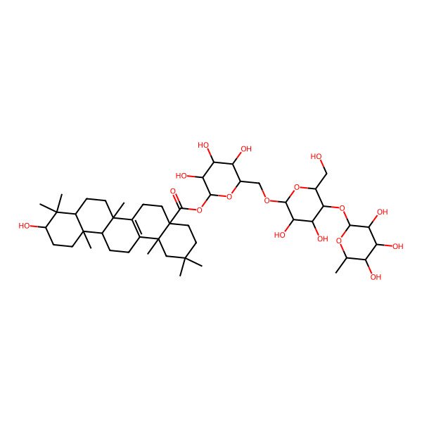 2D Structure of [(2S,3R,4S,5S,6R)-6-[[(2R,3R,4R,5S,6R)-3,4-dihydroxy-6-(hydroxymethyl)-5-[(2S,3R,4R,5R,6S)-3,4,5-trihydroxy-6-methyloxan-2-yl]oxyoxan-2-yl]oxymethyl]-3,4,5-trihydroxyoxan-2-yl] (4aS,6aR,6bR,8aR,10S,12aR,14bS)-10-hydroxy-2,2,6b,9,9,12a,14b-heptamethyl-1,3,4,5,6,6a,7,8,8a,10,11,12,13,14-tetradecahydropicene-4a-carboxylate