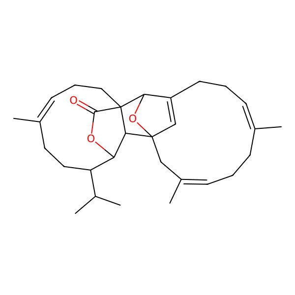 2D Structure of (1S,2S,6E,10E,13R,14S,15R,16R,19Z)-7,11,19-trimethyl-16-propan-2-yl-24,26-dioxapentacyclo[13.7.2.12,13.13,13.01,14]hexacosa-3(25),6,10,19-tetraen-23-one