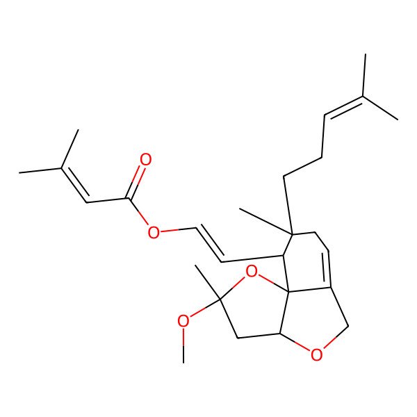 2D Structure of [(E)-2-[(2R,3aS,9R,9aS)-2-methoxy-2,8-dimethyl-8-(4-methylpent-3-enyl)-3a,5,7,9-tetrahydro-3H-furo[2,3-i][2]benzofuran-9-yl]ethenyl] 3-methylbut-2-enoate