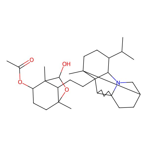 2D Structure of [(1S,2S,5S,7S,8R)-7-hydroxy-1,5-dimethyl-8-[2-[(1S,2R,3S,7R,10S,13R,14R)-1-methyl-14-propan-2-yl-12-azapentacyclo[8.6.0.02,13.03,7.07,12]hexadecan-2-yl]ethyl]-6-oxabicyclo[3.2.1]octan-2-yl] acetate