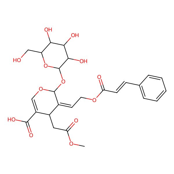 2D Structure of 4-(2-Methoxy-2-oxoethyl)-5-[2-(3-phenylprop-2-enoyloxy)ethylidene]-6-[3,4,5-trihydroxy-6-(hydroxymethyl)oxan-2-yl]oxy-4H-pyran-3-carboxylic acid