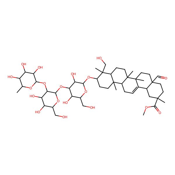 2D Structure of Methyl 10-[4-[4,5-dihydroxy-6-(hydroxymethyl)-3-(3,4,5-trihydroxy-6-methyloxan-2-yl)oxyoxan-2-yl]oxy-3,5-dihydroxy-6-(hydroxymethyl)oxan-2-yl]oxy-4a-formyl-9-(hydroxymethyl)-2,6a,6b,9,12a-pentamethyl-1,3,4,5,6,6a,7,8,8a,10,11,12,13,14b-tetradecahydropicene-2-carboxylate