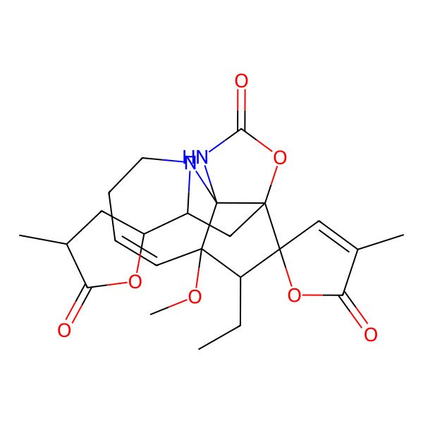 2D Structure of (1S,3R,9R,10R,14S,15S)-15-ethyl-9-methoxy-3'-methyl-3-[(2R,4R)-4-methyl-5-oxooxolan-2-yl]spiro[13-oxa-4,11-diazatetracyclo[7.4.2.01,10.04,10]pentadec-7-ene-14,5'-furan]-2',12-dione