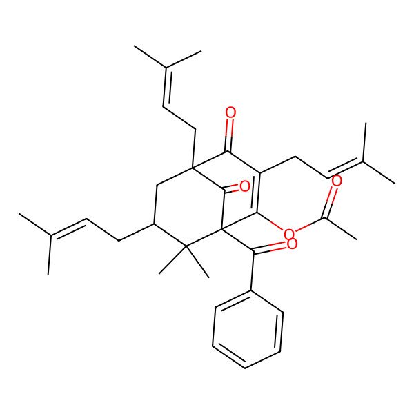 2D Structure of [(1R,5S,7R)-1-benzoyl-8,8-dimethyl-3,5,7-tris(3-methylbut-2-enyl)-4,9-dioxo-2-bicyclo[3.3.1]non-2-enyl] acetate