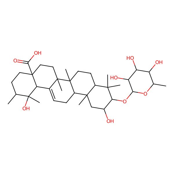 2D Structure of (1R,2R,4aS,6aR,6aS,6bR,8aR,10R,11R,12aR,14bS)-1,11-dihydroxy-1,2,6a,6b,9,9,12a-heptamethyl-10-[(2S,3R,4S,5R,6R)-3,4,5-trihydroxy-6-methyloxan-2-yl]oxy-2,3,4,5,6,6a,7,8,8a,10,11,12,13,14b-tetradecahydropicene-4a-carboxylic acid