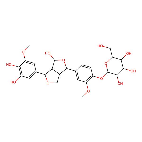 2D Structure of (2S,3R,4S,5S,6R)-2-[4-[(3S,3aS,4R,6S,6aR)-3-(3,4-dihydroxy-5-methoxyphenyl)-4-hydroxy-1,3,3a,4,6,6a-hexahydrofuro[3,4-c]furan-6-yl]-2-methoxyphenoxy]-6-(hydroxymethyl)oxane-3,4,5-triol