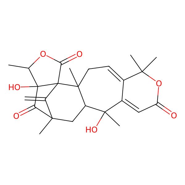 2D Structure of NCGC00380442-01_C25H30O7_3H-5,13b-Methano-1H-furo[3',4':6,7]heptaleno[3,2-c]pyran-1,4,9(3aH,7H)-trione, 5,6,6a,11,13,13a-hexahydro-3a,7-dihydroxy-3,5,7,11,11,13a-hexamethyl-14-methylene-