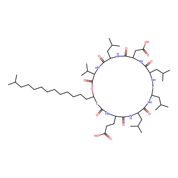 2D Structure of 3-[(3S,6R,9S,12S,15R,18S,21S)-9-(carboxymethyl)-6,12,15,18-tetrakis(2-methylpropyl)-25-(12-methyltridecyl)-2,5,8,11,17,20,23-heptaoxo-3-propan-2-yl-1-oxa-4,7,10,13,16,19,22-heptazacyclopentacos-21-yl]propanoic acid