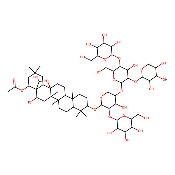 2D Structure of [(1R,2R,4S,5R,8R,10S,13R,14R,17S,18R,22S,23S)-2,23-dihydroxy-10-[(2S,3R,4S,5S)-4-hydroxy-5-[(2R,3R,4S,5S,6R)-4-hydroxy-6-(hydroxymethyl)-5-[(2S,3R,4S,5S,6R)-3,4,5-trihydroxy-6-(hydroxymethyl)oxan-2-yl]oxy-3-[(2S,3R,4S,5R)-3,4,5-trihydroxyoxan-2-yl]oxyoxan-2-yl]oxy-3-[(2S,3R,4S,5S,6R)-3,4,5-trihydroxy-6-(hydroxymethyl)oxan-2-yl]oxyoxan-2-yl]oxy-4,5,9,9,13,20,20-heptamethyl-24-oxahexacyclo[15.5.2.01,18.04,17.05,14.08,13]tetracosan-22-yl] acetate
