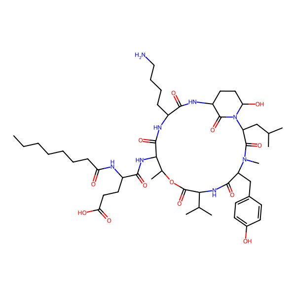 2D Structure of (4S)-5-[[(2S,8S,11R,12S,15S)-15-(4-aminobutyl)-21-hydroxy-5-[(4-hydroxyphenyl)methyl]-4,11-dimethyl-2-(2-methylpropyl)-3,6,9,13,16,22-hexaoxo-8-propan-2-yl-10-oxa-1,4,7,14,17-pentazabicyclo[16.3.1]docosan-12-yl]amino]-4-(octanoylamino)-5-oxopentanoic acid