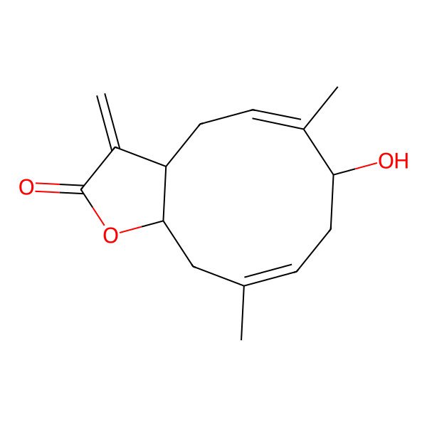2D Structure of (3aR,5E,7R,9E,11aS)-7-hydroxy-6,10-dimethyl-3-methylidene-3a,4,7,8,11,11a-hexahydrocyclodeca[b]furan-2-one