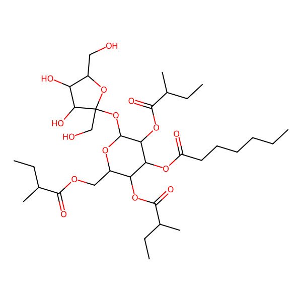 2D Structure of [(2R,3R,4S,5R,6R)-2-[(2S,3S,4S,5R)-3,4-dihydroxy-2,5-bis(hydroxymethyl)oxolan-2-yl]oxy-3,5-bis[[(2R)-2-methylbutanoyl]oxy]-6-[[(2R)-2-methylbutanoyl]oxymethyl]oxan-4-yl] heptanoate