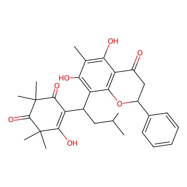 2D Structure of 4-[(1S)-1-[(2R)-5,7-dihydroxy-6-methyl-4-oxo-2-phenyl-2,3-dihydrochromen-8-yl]-3-methylbutyl]-5-hydroxy-2,2,6,6-tetramethylcyclohex-4-ene-1,3-dione