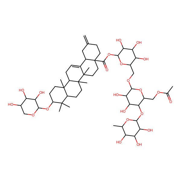 2D Structure of [(2S,3R,4S,5S,6R)-6-[[(2R,3R,4R,5S,6R)-6-(acetyloxymethyl)-3,4-dihydroxy-5-[(2S,3R,4R,5R,6S)-3,4,5-trihydroxy-6-methyloxan-2-yl]oxyoxan-2-yl]oxymethyl]-3,4,5-trihydroxyoxan-2-yl] (4aS,6aR,6aS,6bR,8aR,10S,12aR,14bS)-6a,6b,9,9,12a-pentamethyl-2-methylidene-10-[(2S,3R,4S,5S)-3,4,5-trihydroxyoxan-2-yl]oxy-1,3,4,5,6,6a,7,8,8a,10,11,12,13,14b-tetradecahydropicene-4a-carboxylate