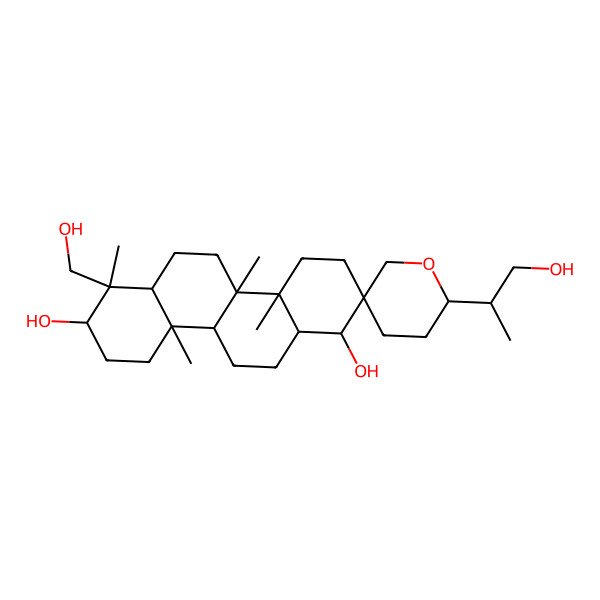 2D Structure of (1R,2S,2'S,4aR,4bR,6aR,7R,8S,10aR,10bR,12aS)-7-(hydroxymethyl)-2'-[(2S)-1-hydroxypropan-2-yl]-4a,4b,7,10a-tetramethylspiro[3,4,5,6,6a,8,9,10,10b,11,12,12a-dodecahydro-1H-chrysene-2,5'-oxane]-1,8-diol