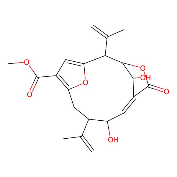 2D Structure of methyl (6E)-8,15-dihydroxy-5-oxo-2,9-bis(prop-1-en-2-yl)-4,14-dioxatricyclo[9.2.1.13,6]pentadeca-1(13),6,11-triene-12-carboxylate