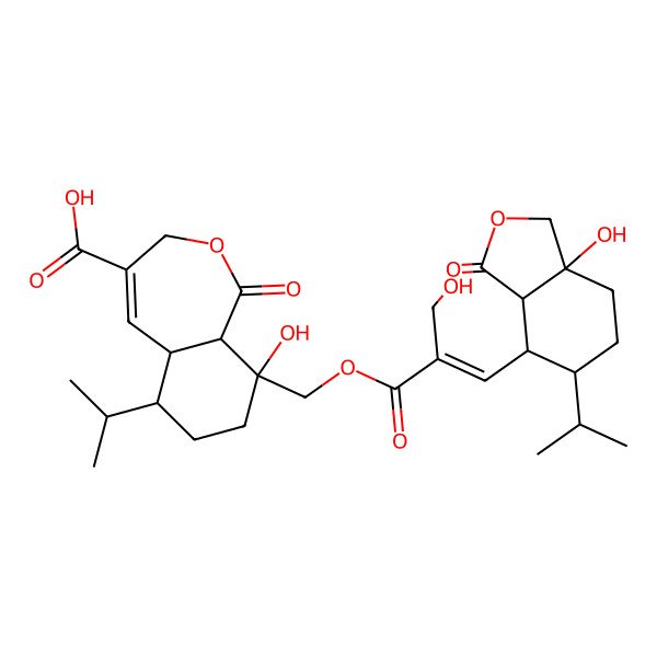 2D Structure of 9-[[3-(7a-Hydroxy-3-oxo-5-propan-2-yl-1,3a,4,5,6,7-hexahydro-2-benzofuran-4-yl)-2-(hydroxymethyl)prop-2-enoyl]oxymethyl]-9-hydroxy-1-oxo-6-propan-2-yl-3,5a,6,7,8,9a-hexahydro-2-benzoxepine-4-carboxylic acid