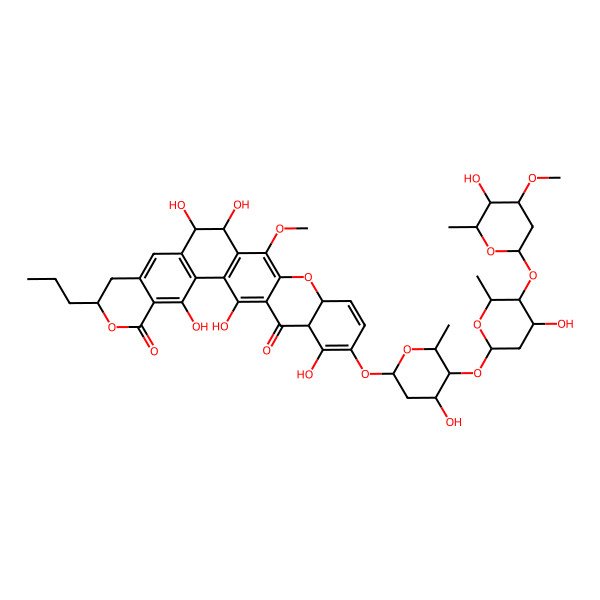 2D Structure of (7R,12S,13S)-3,12,13,22,26-pentahydroxy-21-[4-hydroxy-5-[4-hydroxy-5-(5-hydroxy-4-methoxy-6-methyloxan-2-yl)oxy-6-methyloxan-2-yl]oxy-6-methyloxan-2-yl]oxy-15-methoxy-7-propyl-6,17-dioxahexacyclo[12.12.0.02,11.04,9.016,25.018,23]hexacosa-1(14),2(11),3,9,15,19,21,25-octaene-5,24-dione