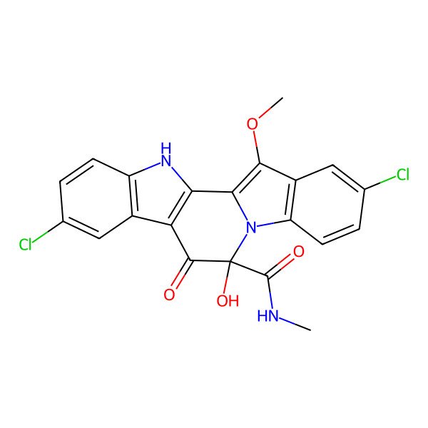 2D Structure of 7,17-dichloro-12-hydroxy-20-methoxy-N-methyl-11-oxo-3,13-diazapentacyclo[11.7.0.02,10.04,9.014,19]icosa-1(20),2(10),4(9),5,7,14(19),15,17-octaene-12-carboxamide