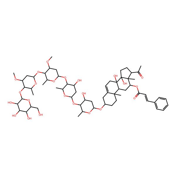 2D Structure of [(3S,8S,9R,10R,12R,13S,14R,17R)-17-acetyl-8,14-dihydroxy-3-[(2R,4S,5S,6R)-4-hydroxy-5-[(2S,4S,5S,6R)-4-hydroxy-5-[(2S,4S,5R,6R)-4-methoxy-5-[(2S,4R,5R,6R)-4-methoxy-6-methyl-5-[(2S,3R,4S,5S,6R)-3,4,5-trihydroxy-6-(hydroxymethyl)oxan-2-yl]oxyoxan-2-yl]oxy-6-methyloxan-2-yl]oxy-6-methyloxan-2-yl]oxy-6-methyloxan-2-yl]oxy-10,13-dimethyl-2,3,4,7,9,11,12,15,16,17-decahydro-1H-cyclopenta[a]phenanthren-12-yl] (E)-3-phenylprop-2-enoate