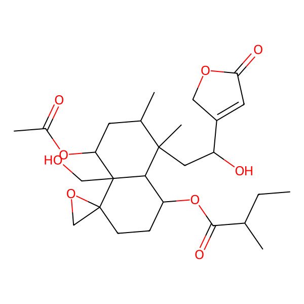 2D Structure of [(1R,4R,4aR,5S,7R,8S,8aR)-5-acetyloxy-4a-(hydroxymethyl)-8-[(2S)-2-hydroxy-2-(5-oxo-2H-furan-3-yl)ethyl]-7,8-dimethylspiro[2,3,5,6,7,8a-hexahydro-1H-naphthalene-4,2'-oxirane]-1-yl] (2S)-2-methylbutanoate