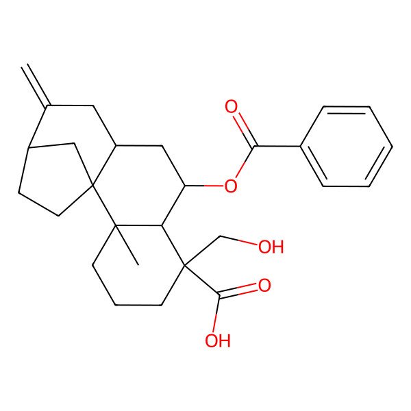 2D Structure of 9,11a-Methano-11aH-cyclohepta[a]naphthalene-4-carboxylic acid, 5-(benzoyloxy)tetradecahydro-4-(hydroxymethyl)-11b-methyl-8-methylene-, (4S,4aR,5R,11bS)-