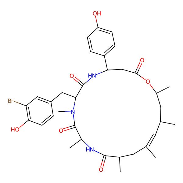 2D Structure of (4R,7R,10S,13S,15E,17R,19R)-7-[(3-bromo-4-hydroxyphenyl)methyl]-4-(4-hydroxyphenyl)-8,10,13,15,17,19-hexamethyl-1-oxa-5,8,11-triazacyclononadec-15-ene-2,6,9,12-tetrone