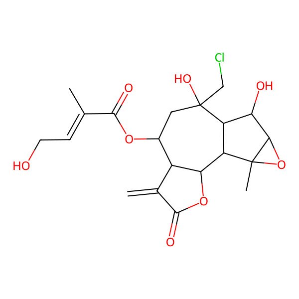 2D Structure of [(1S,2R,6R,7R,9R,10S,11S,12R,14S)-9-(chloromethyl)-9,11-dihydroxy-14-methyl-5-methylidene-4-oxo-3,13-dioxatetracyclo[8.4.0.02,6.012,14]tetradecan-7-yl] (E)-4-hydroxy-2-methylbut-2-enoate